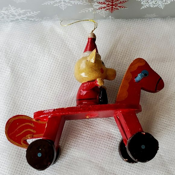 Vintage Wooden Bear Riding a Red Wooden Rolling Horse Toy Christmas Ornament - Picture 8 of 12